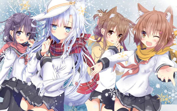 HD PC desktop wallpaper featuring anime characters Akatsuki, Inazuma, Ikazuchi, and Hibiki from Kantai Collection (Kancolle) with a snowy background.