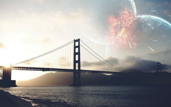 Photography Manipulation Sci Fi Planet Collision Golden Gate Bridge HD Wallpaper | Background Image