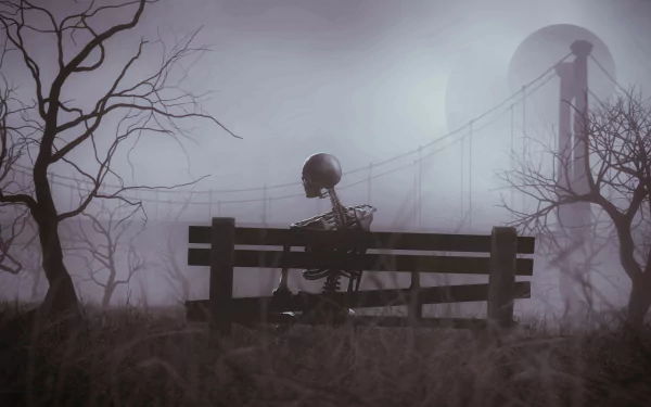 A dark, eerie HD desktop wallpaper featuring a skeleton sitting on a bench in a foggy, barren landscape with leafless trees and a faint moon in the background.