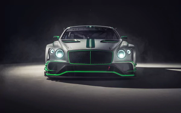 Front-facing Bentley Continental GT3 racing vehicle with green accents under dramatic studio lighting, rendered as a 4K Ultra HD PC desktop wallpaper background.