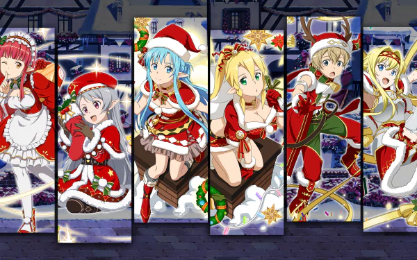 HD PC desktop wallpaper featuring Asuna, Leafa, Alice, and Eugeo from Sword Art Online dressed in festive Christmas attire, celebrating in an anime holiday scene.
