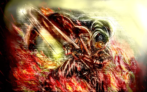 Guts (Berserk) anime art, swinging his colossal Dragonslayer through raging flames — intense 5K Ultra HD PC desktop wallpaper and background.