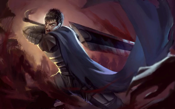 Guts from Berserk wielding his massive sword in a dynamic pose, depicted in detailed anime style for a 4K Ultra HD PC desktop wallpaper background.