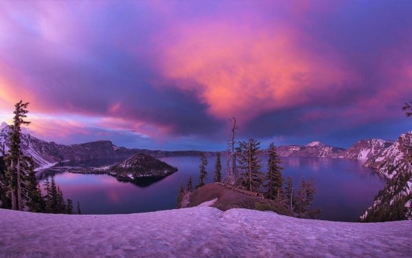 Nature Crater Lake Winter Lake Mountain Snow Sunset HD Wallpaper | Background Image