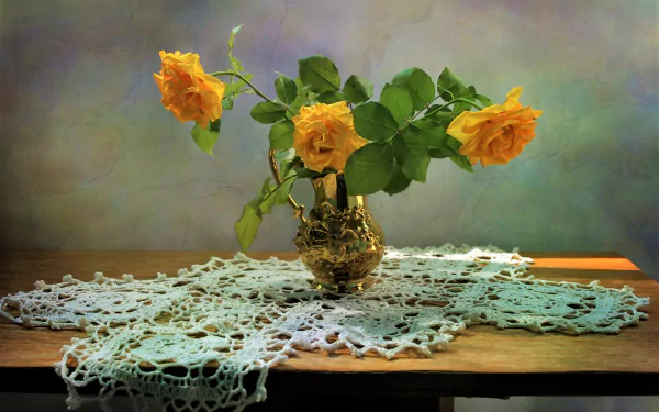 yellow flower yellow rose rose flower pitcher vase photography still life HD Desktop Wallpaper | Background Image