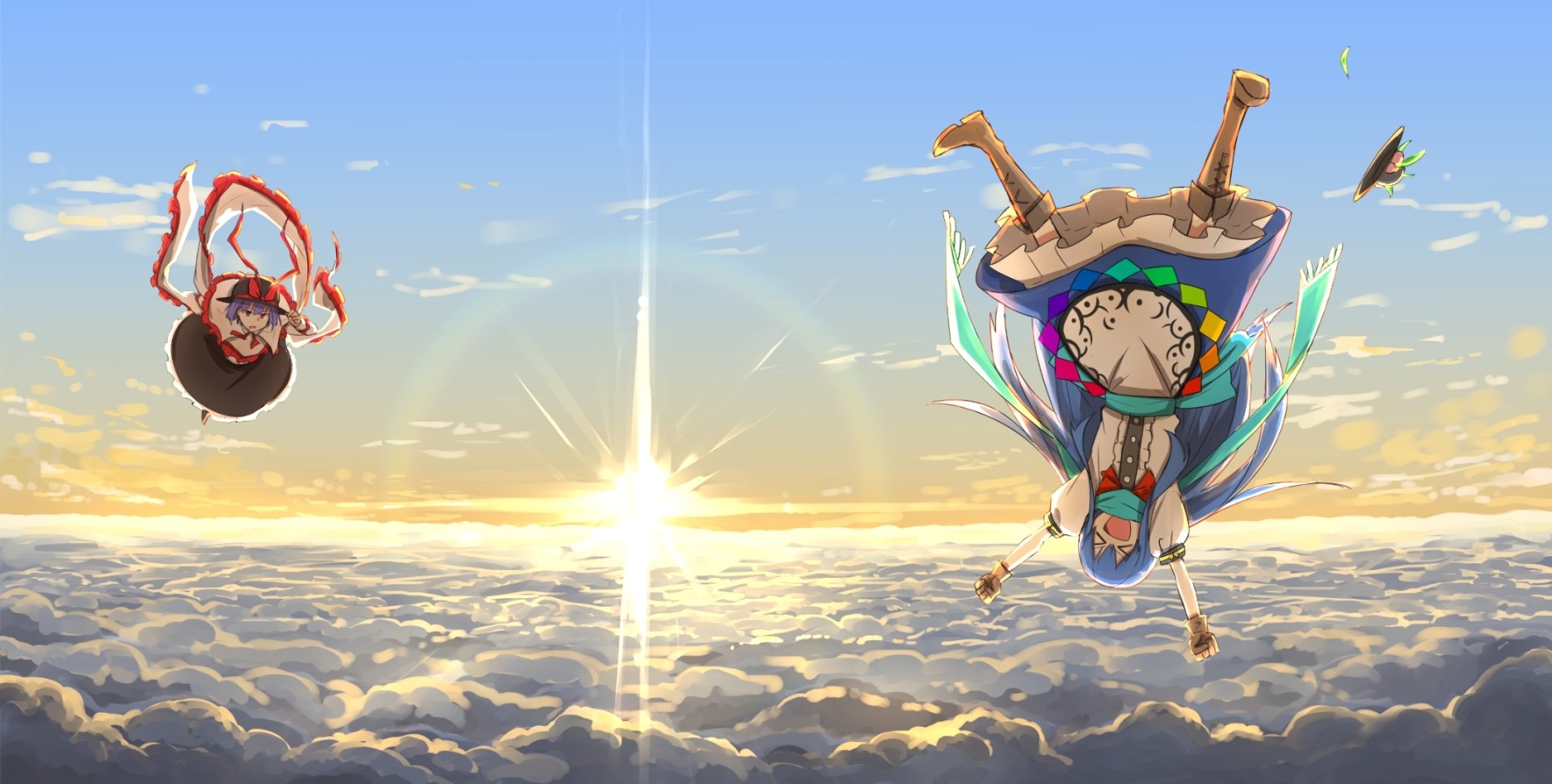HD PC desktop wallpaper featuring anime characters Iku Nagae and Tenshi Hinanawi from Touhou, set against a vibrant sky above the clouds at sunrise.