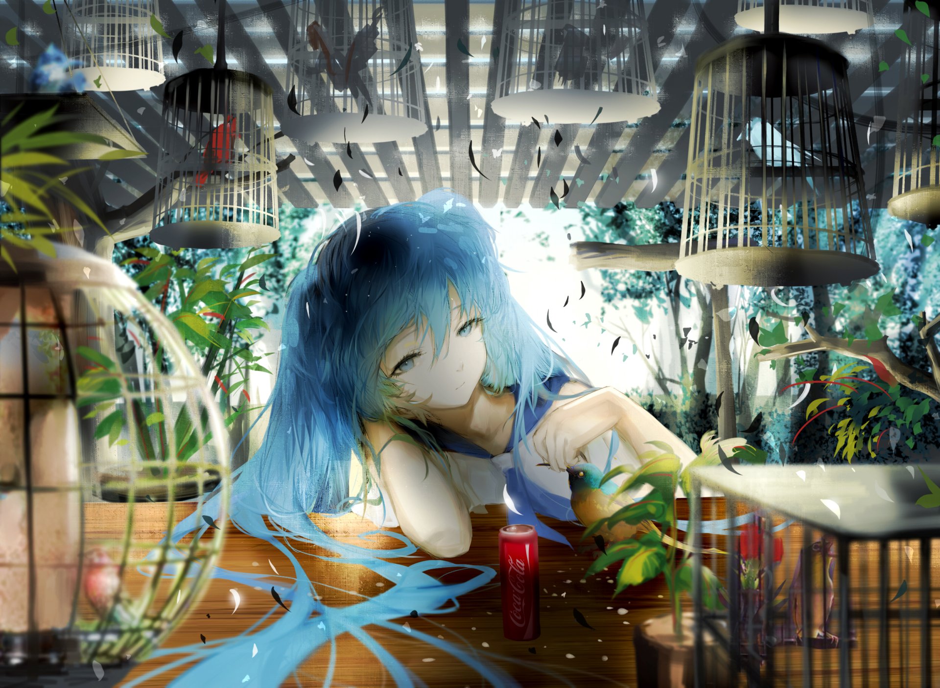 HD anime desktop wallpaper featuring Hatsune Miku, the iconic Vocaloid, resting peacefully amidst birdcages and lush greenery with soft, glowing light.