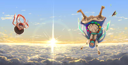 HD PC desktop wallpaper featuring anime characters Iku Nagae and Tenshi Hinanawi from Touhou, set against a vibrant sky above the clouds at sunrise.