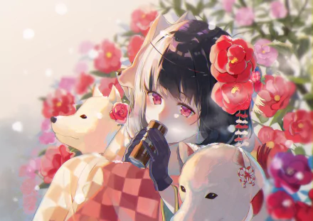 HD anime original artwork features a girl with floral hair accessories holding a cup, surrounded by blooming flowers and two white dogs, designed as a PC desktop wallpaper.