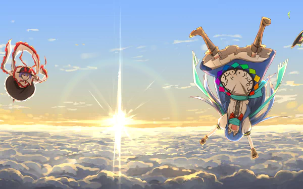 HD PC desktop wallpaper featuring anime characters Iku Nagae and Tenshi Hinanawi from Touhou, set against a vibrant sky above the clouds at sunrise.