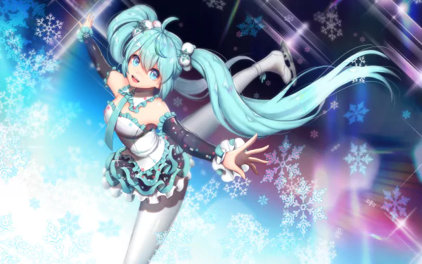 Anime-style HD wallpaper of Hatsune Miku with aqua twintails, blue eyes, wearing a skirt and pantyhose, smiling against a vibrant background with glowing snowflakes.