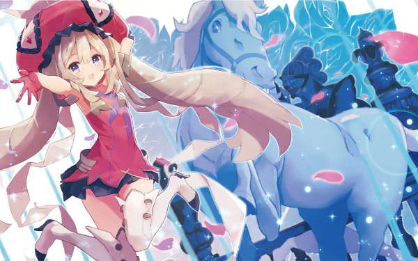 HD anime desktop wallpaper featuring Marie Antoinette from Fate/Grand Order with vibrant colors, a playful pose, and a mystical blue horse in the background.