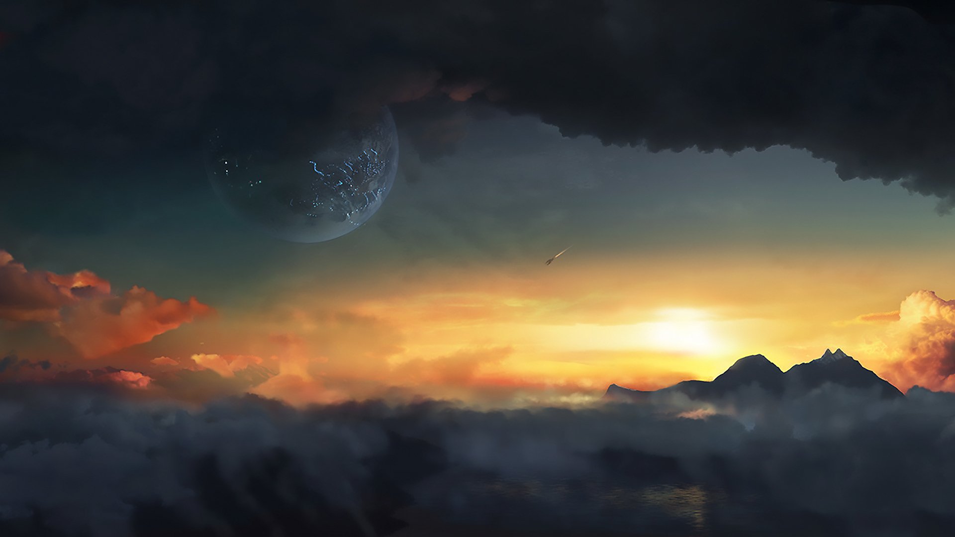 HD PC desktop wallpaper showing a sci-fi landscape with a glowing sunset, dark clouds, mountain silhouettes, and a distant planet visible in the twilight sky.