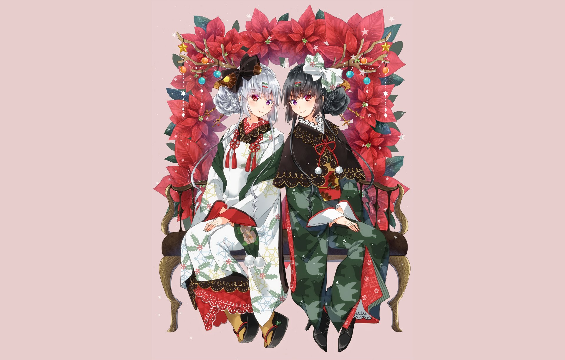 Anime-inspired HD wallpaper featuring two characters with black and white hair, adorned with ribbons and flowers, set against a vibrant backdrop of red petals.