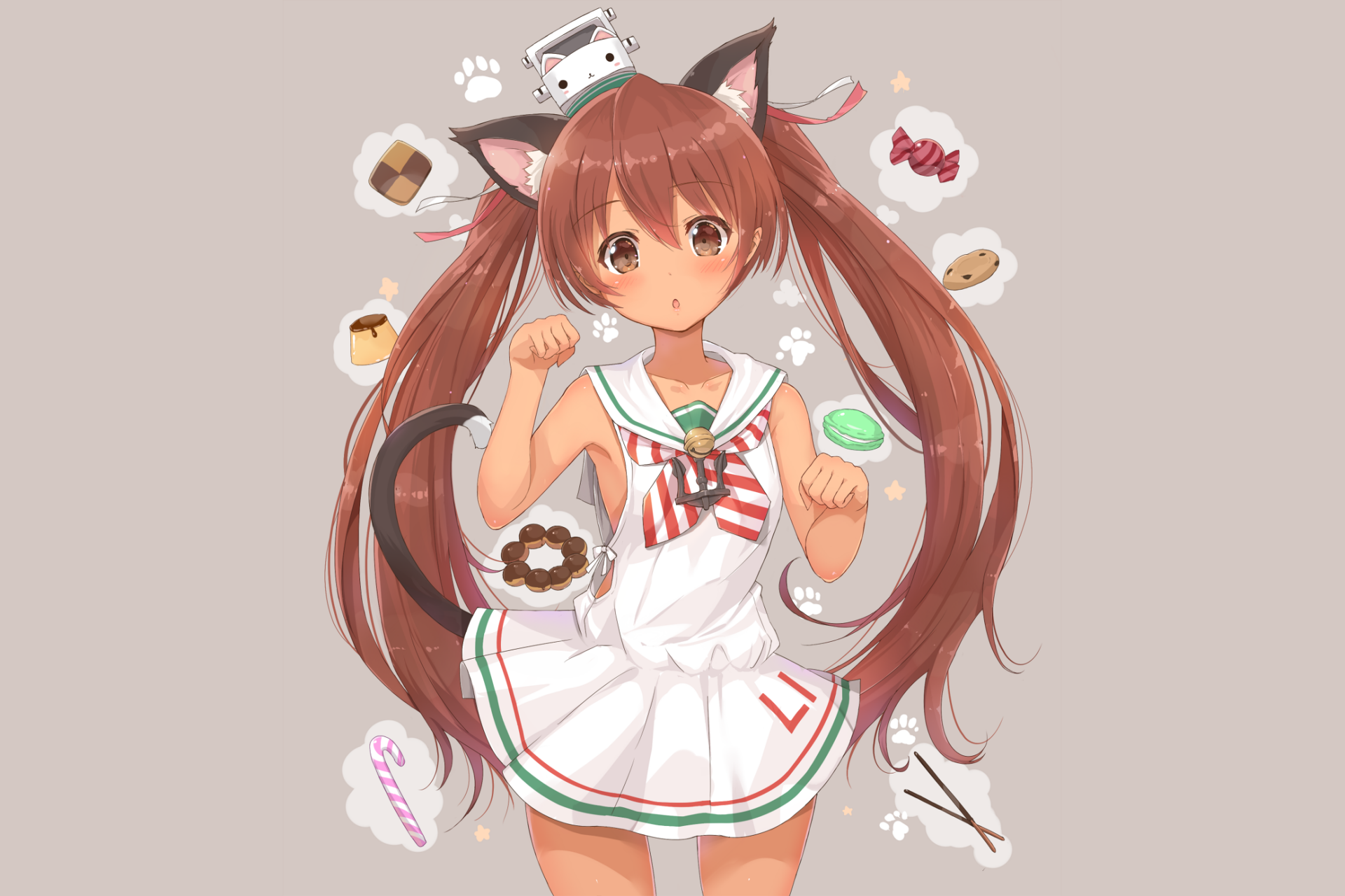 HD PC desktop wallpaper featuring Libeccio from Kantai Collection in anime style, dressed in a sailor outfit with cat ears and surrounded by floating sweets.