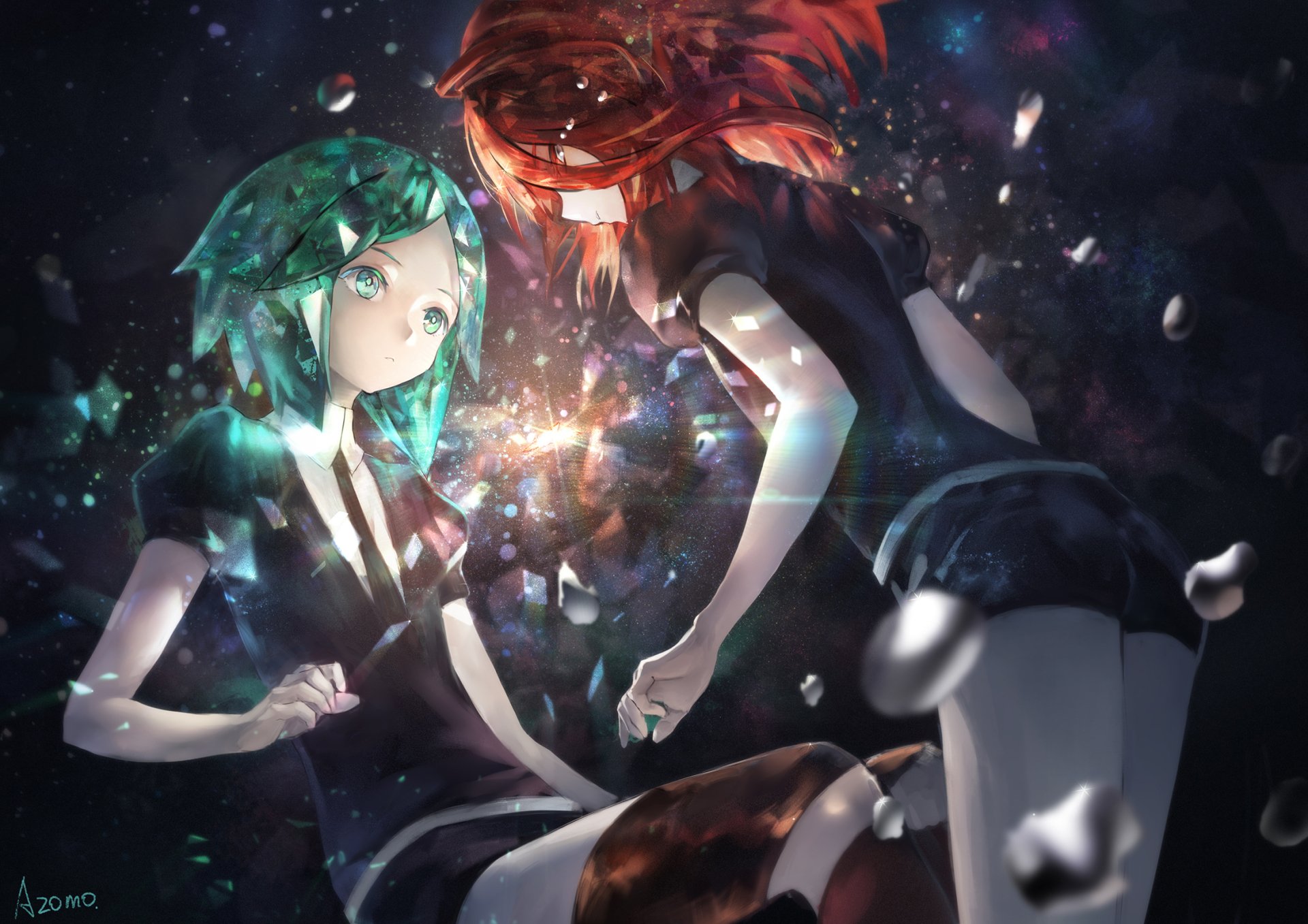 A stunning HD wallpaper featuring Phosphophyllite and Cinnabar from the anime Land of the Lustrous, showcasing the characters in a dynamic and ethereal scene.