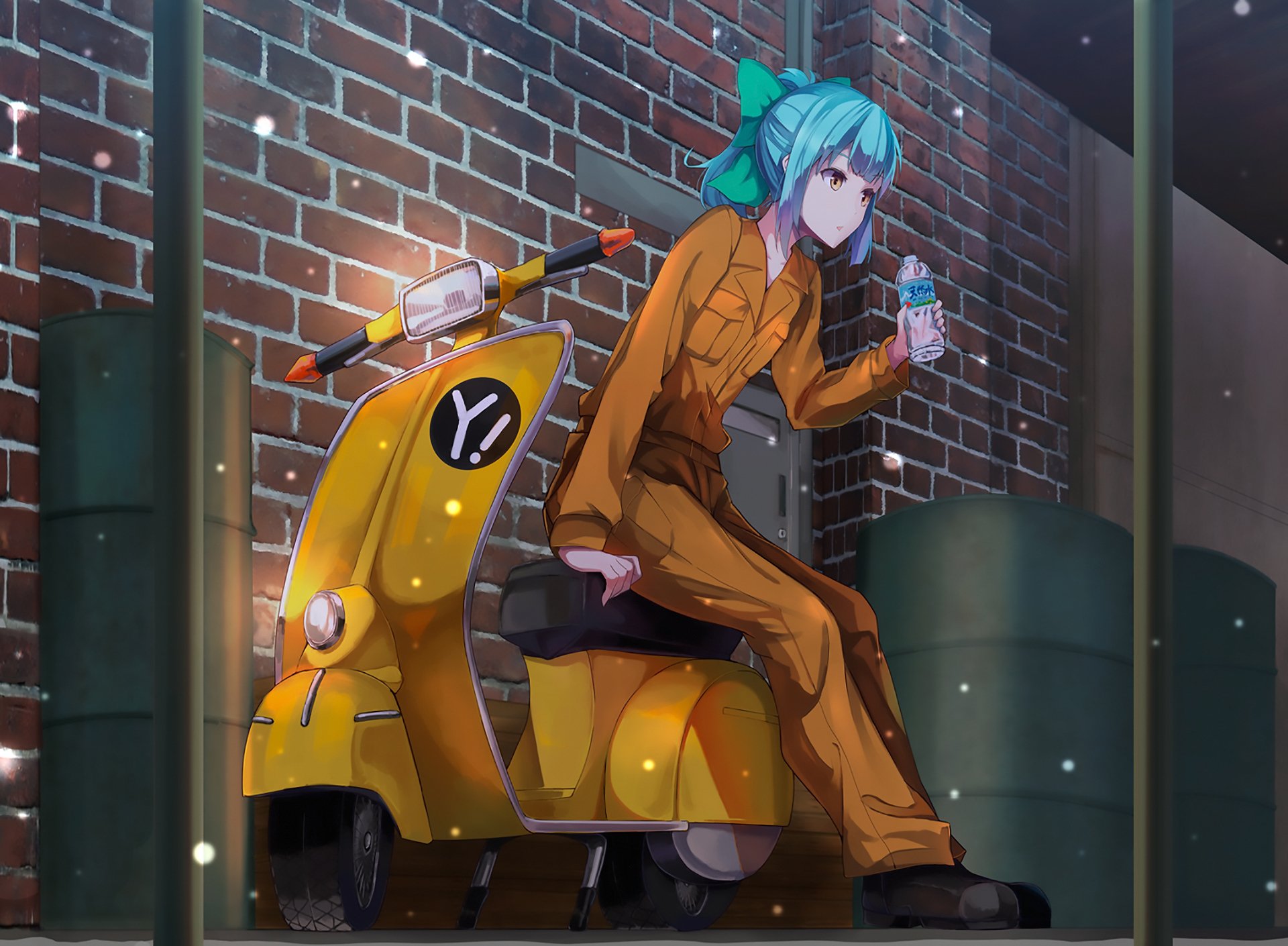 Anime HD PC desktop wallpaper/background: Yuubari (Kancolle) from Kantai Collection sits on a yellow scooter in a nighttime brick alley, holding a drink.