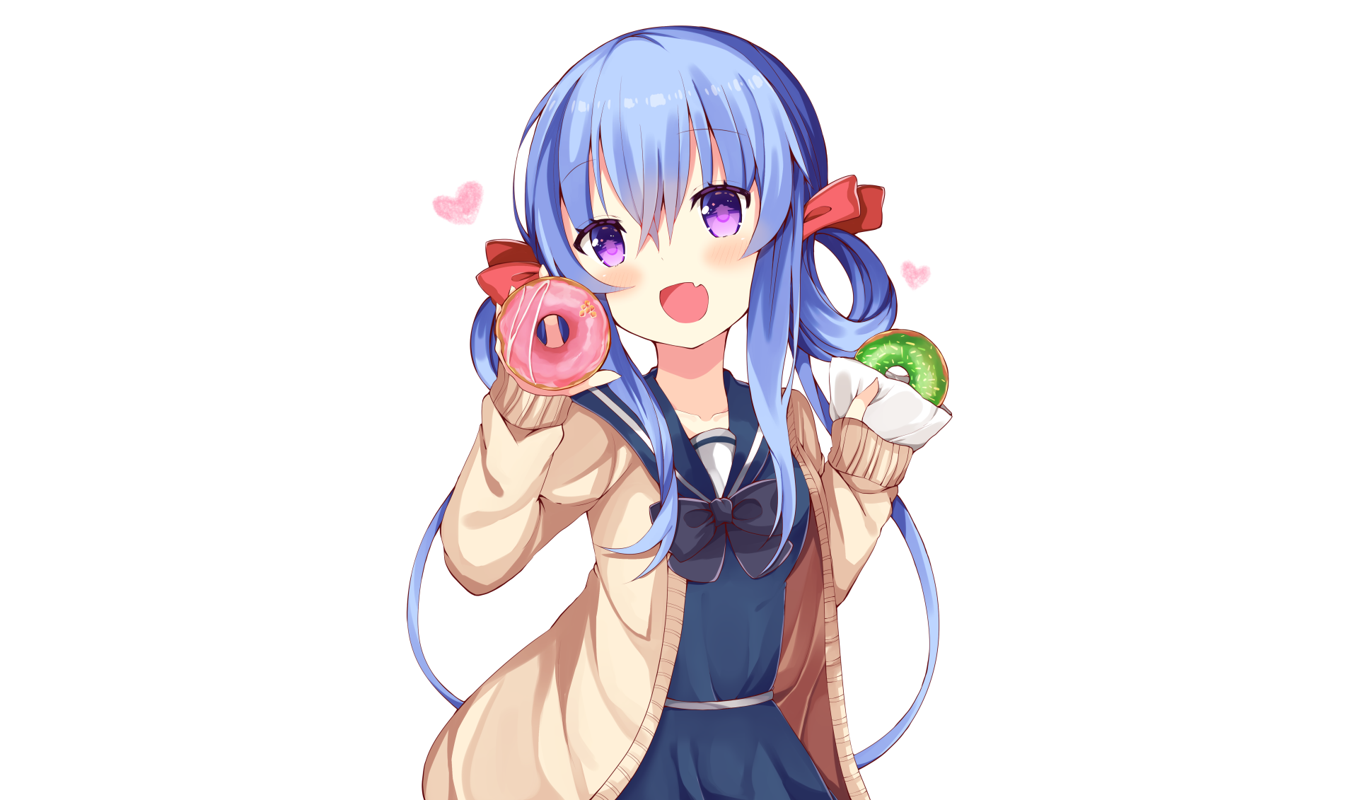 Anime-style original HD desktop wallpaper featuring a blue-haired schoolgirl with purple eyes and fangs, wearing a school uniform and holding colorful donuts.