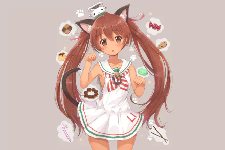 HD PC desktop wallpaper featuring Libeccio from Kantai Collection in anime style, dressed in a sailor outfit with cat ears and surrounded by floating sweets.