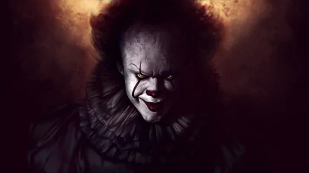 HD desktop wallpaper featuring Pennywise from the movie It (2017). The dark and eerie background highlights the menacing expression of the iconic clown character.