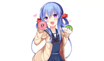 Anime-style original HD desktop wallpaper featuring a blue-haired schoolgirl with purple eyes and fangs, wearing a school uniform and holding colorful donuts.