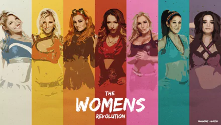 HD desktop wallpaper featuring WWE wrestlers Natalya, Paige, Bayley, Becky Lynch, Charlotte Flair, Sasha Banks, and Alexa Bliss against a colorful background. Text reads The Women's Revolution.