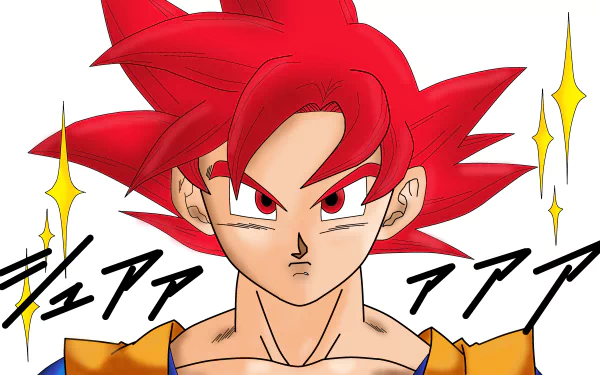 HD anime wallpaper featuring Goku in his Super Saiyan God form from Dragon Ball Super, showcasing his intense red hair and determined expression.