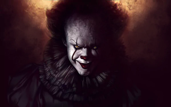 HD desktop wallpaper featuring Pennywise from the movie It (2017). The dark and eerie background highlights the menacing expression of the iconic clown character.