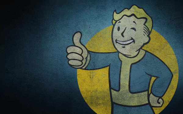 HD desktop wallpaper featuring Vault Boy from the video game Fallout 4, giving a thumbs-up with a confident smile against a textured blue and yellow background.
