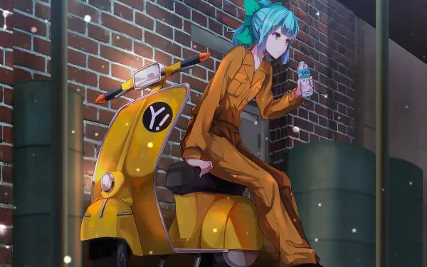Anime HD PC desktop wallpaper/background: Yuubari (Kancolle) from Kantai Collection sits on a yellow scooter in a nighttime brick alley, holding a drink.