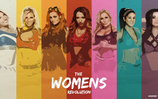 HD desktop wallpaper featuring WWE wrestlers Natalya, Paige, Bayley, Becky Lynch, Charlotte Flair, Sasha Banks, and Alexa Bliss against a colorful background. Text reads The Women's Revolution.