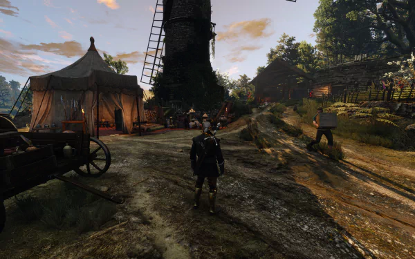 8K Ultra HD screenshot from The Witcher 3: Wild Hunt video game showing a character standing near a windmill and tents in a detailed outdoor environment.