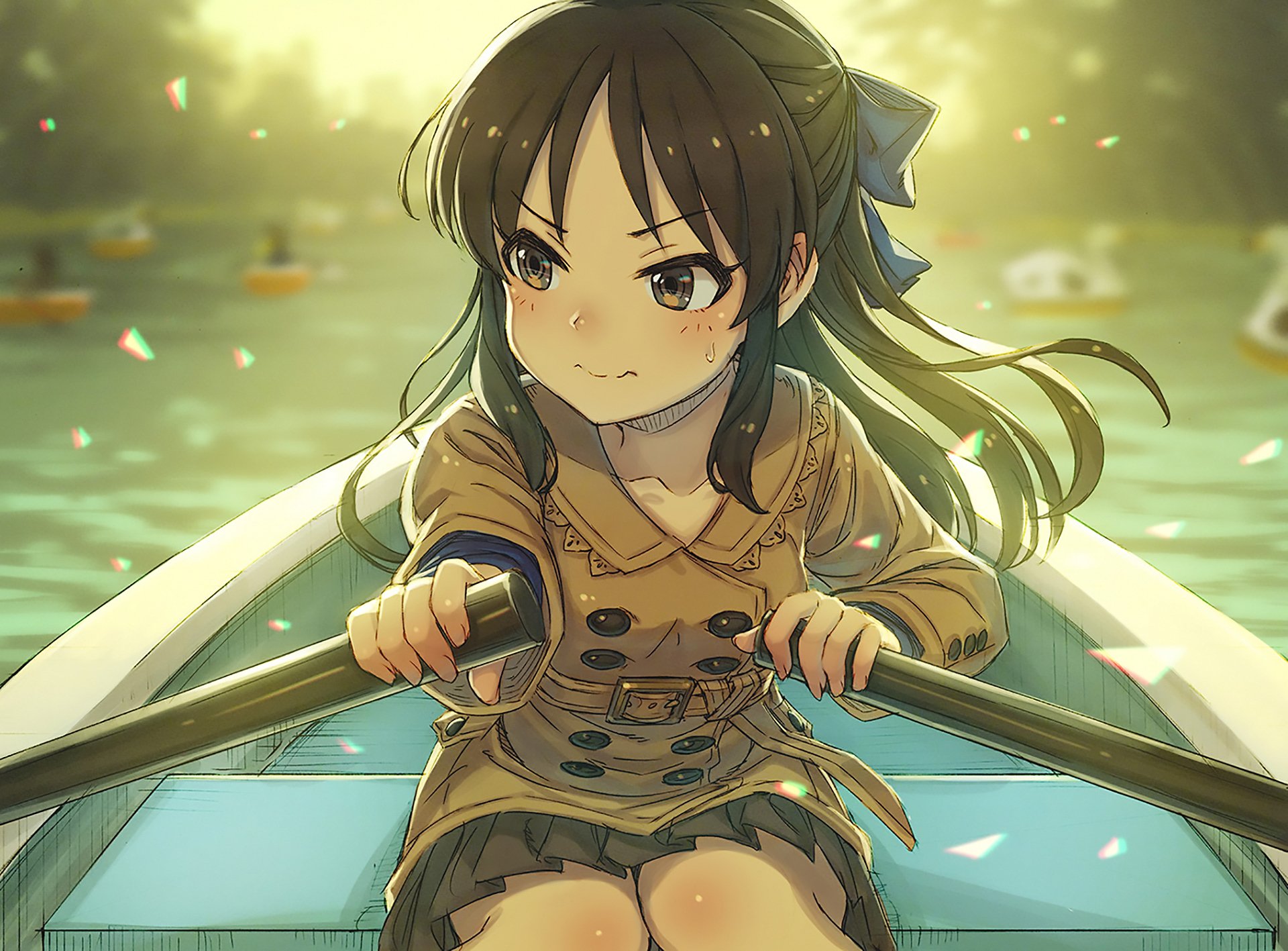Arisu Tachibana from The iDOLM@STER Cinderella Girls anime rowing a boat, depicted in detailed HD artwork as a PC desktop wallpaper.