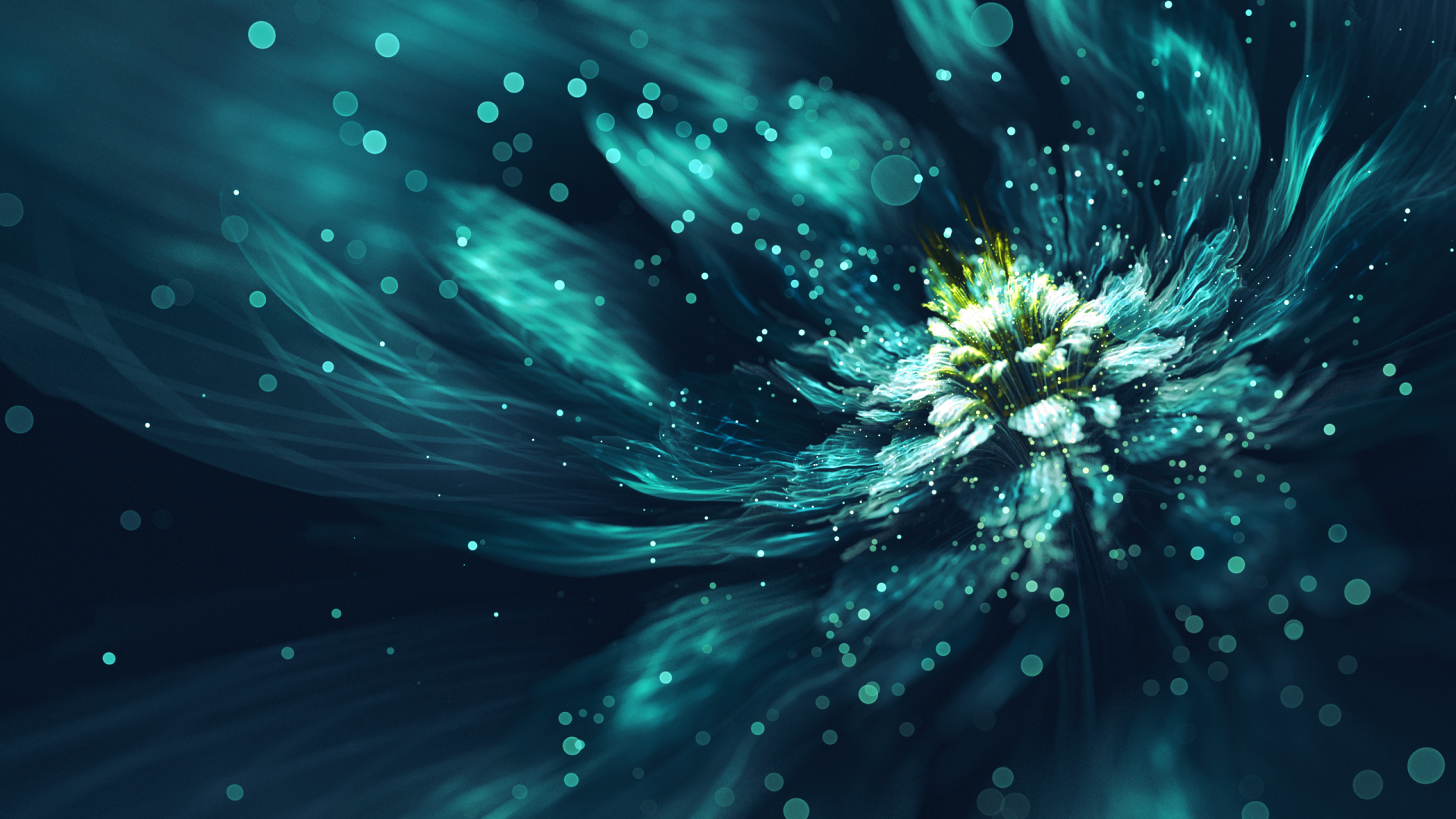 HD abstract fractal wallpaper featuring a glittering flower-like design in vibrant teal and green hues.