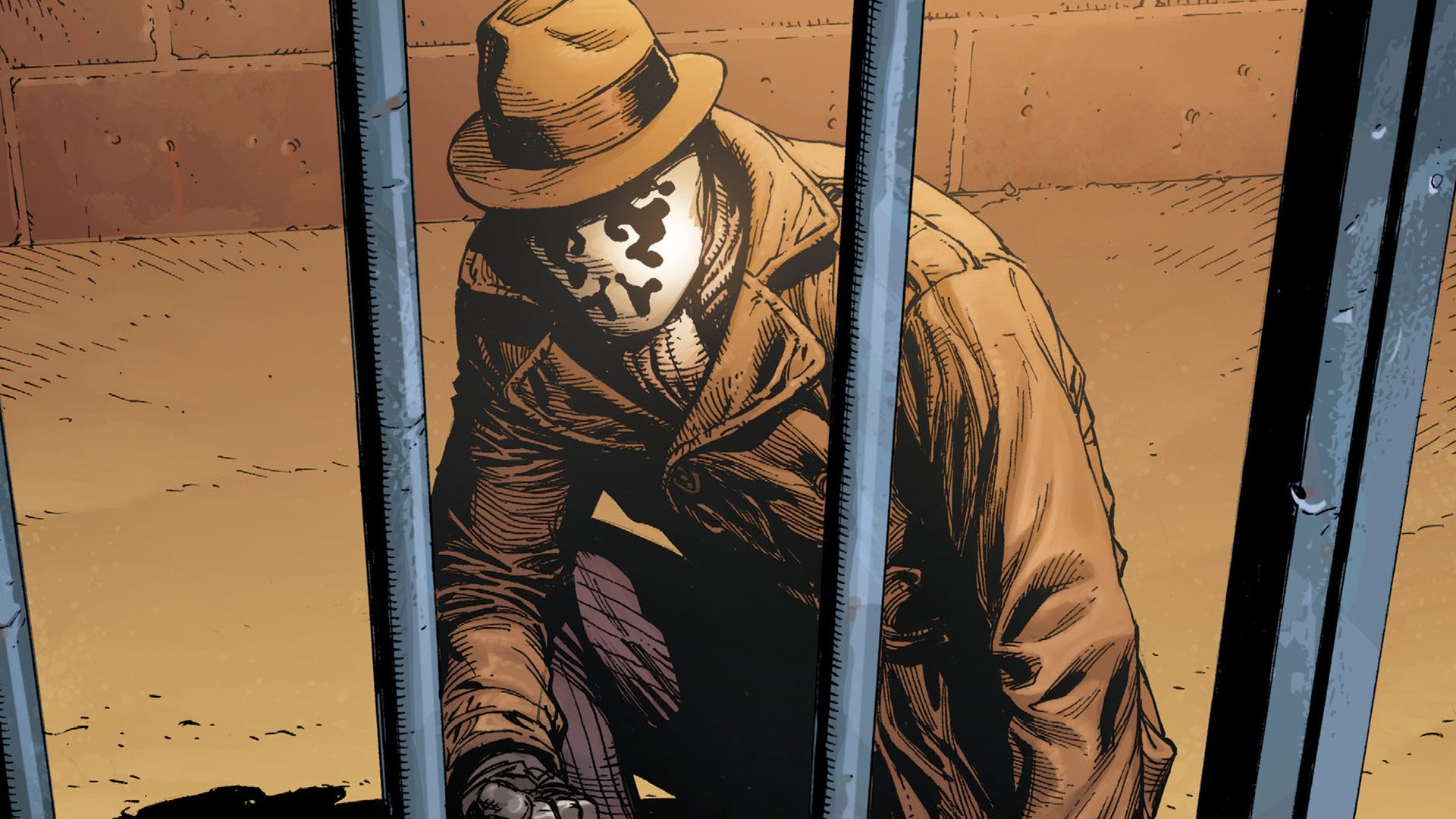 HD PC desktop wallpaper and background: comic-style image of Rorschach from Watchmen — masked man in trench coat and fedora crouching behind prison bars.