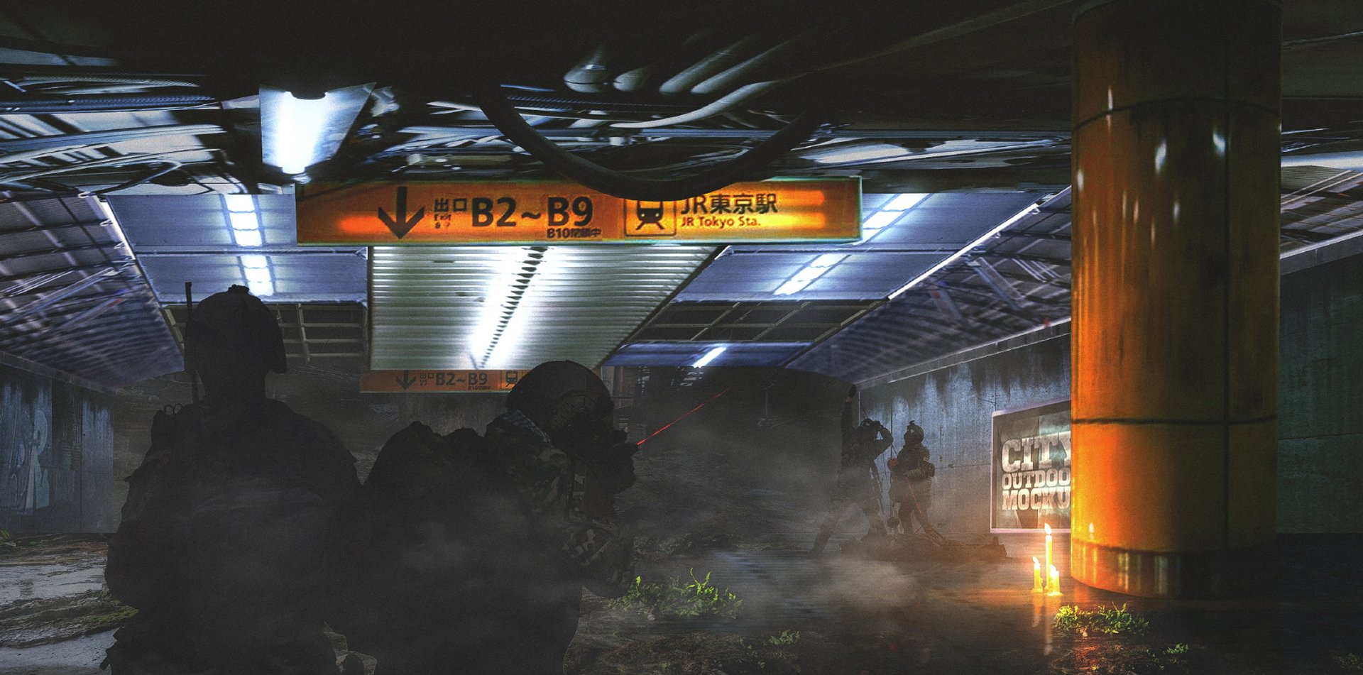 Anime-style military warzone wallpaper: armed soldiers move through a foggy, dim underground station beneath a glowing B2–B9 sign, HD desktop background, original artwork.