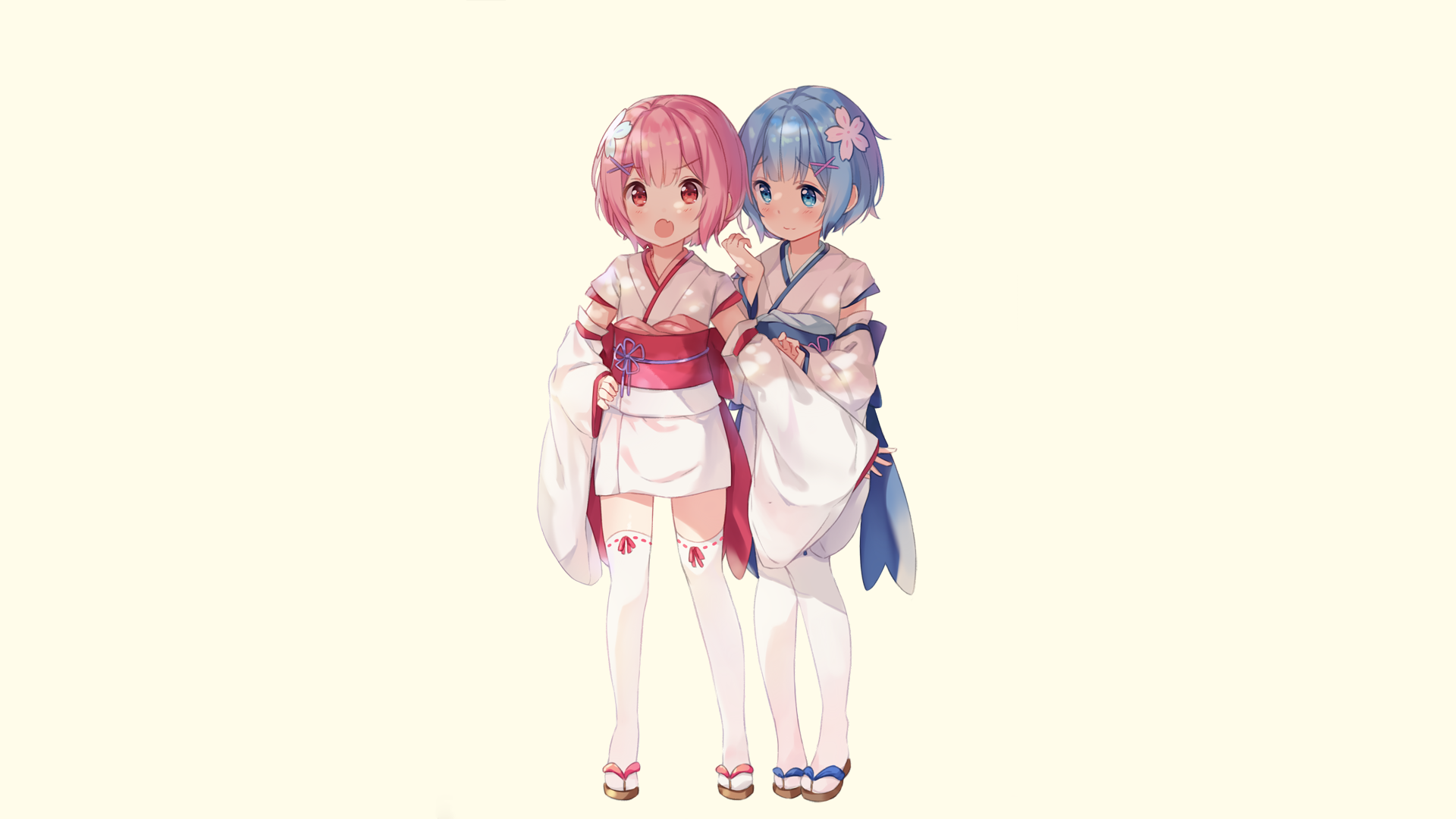 HD PC desktop wallpaper featuring anime characters Ram and Rem from Re:Zero - Starting Life in Another World, dressed in traditional kimonos with a soft background.