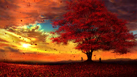 HD anime wallpaper featuring a peaceful scene of a tree with red leaves during fall, against a vibrant sunset with clouds.