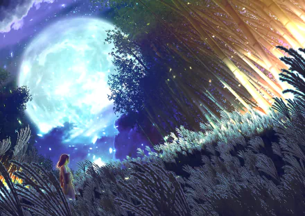 Anime HD desktop wallpaper showing a serene night scene with a large glowing moon, stars, silhouetted trees, bamboo, and a female figure amidst tall grasses.