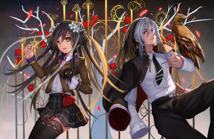 Anime-inspired HD wallpaper featuring a girl in a skirt and thigh-highs with long black hair, and a boy with long white hair, alongside an eagle and ornate designs.