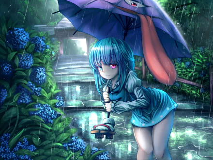 HD anime desktop wallpaper featuring Touhou character Kogasa Tatara with heterochromia, holding an umbrella in a rainy, lush garden setting.