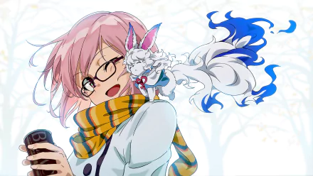 HD PC desktop wallpaper featuring Mashu Kyrielight with pink hair and glasses, accompanied by Fou from Fate/Grand Order in vibrant anime style.