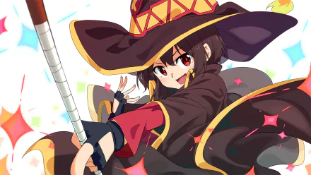 HD desktop wallpaper featuring Megumin from the anime KonoSuba: God’s Blessing on This Wonderful World!!, dressed in her classic witch attire with a dynamic pose and colorful background.