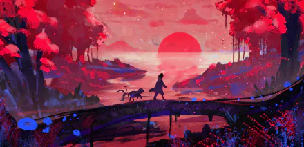 HD fantasy landscape wallpaper featuring a surreal forest with red foliage, a large moon, and a figure walking a dog across a bridge under a glowing sky.
