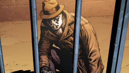 HD PC desktop wallpaper and background: comic-style image of Rorschach from Watchmen — masked man in trench coat and fedora crouching behind prison bars.