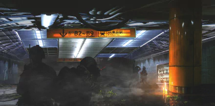Anime-style military warzone wallpaper: armed soldiers move through a foggy, dim underground station beneath a glowing B2–B9 sign, HD desktop background, original artwork.