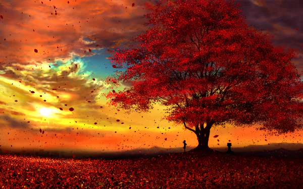 HD anime wallpaper featuring a peaceful scene of a tree with red leaves during fall, against a vibrant sunset with clouds.