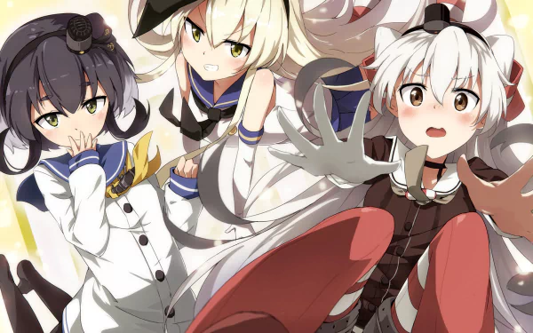HD anime wallpaper featuring Tokitsukaze, Amatsukaze, and Shimakaze from Kantai Collection in dynamic poses.