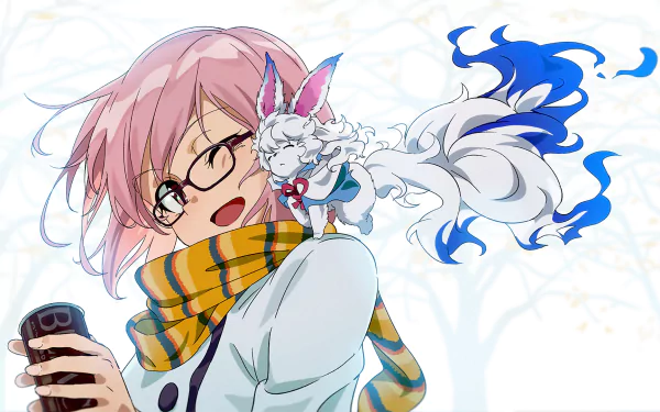 HD PC desktop wallpaper featuring Mashu Kyrielight with pink hair and glasses, accompanied by Fou from Fate/Grand Order in vibrant anime style.