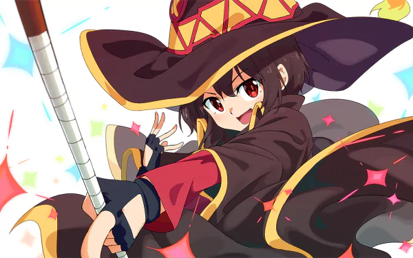 HD desktop wallpaper featuring Megumin from the anime KonoSuba: God’s Blessing on This Wonderful World!!, dressed in her classic witch attire with a dynamic pose and colorful background.